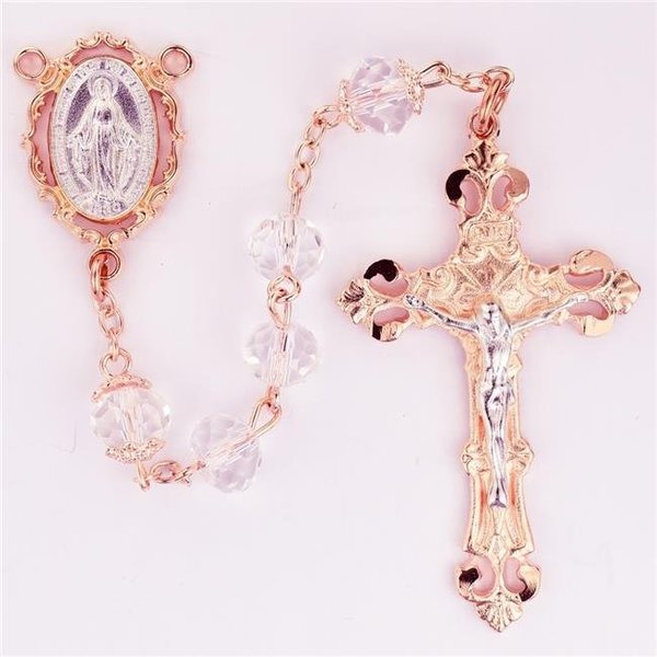 Mcvan McVan R745F 8 mm Crystal Rose Gold Miraculous Cross Rosary Set - Clear R745F